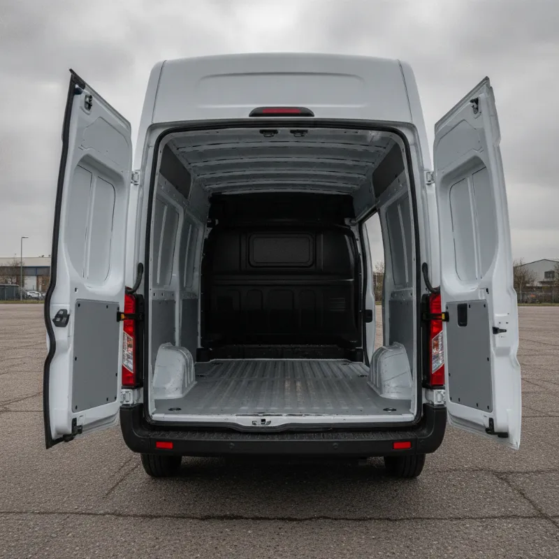The open rear load area of a Ford Transit panel van, showing its depth and width