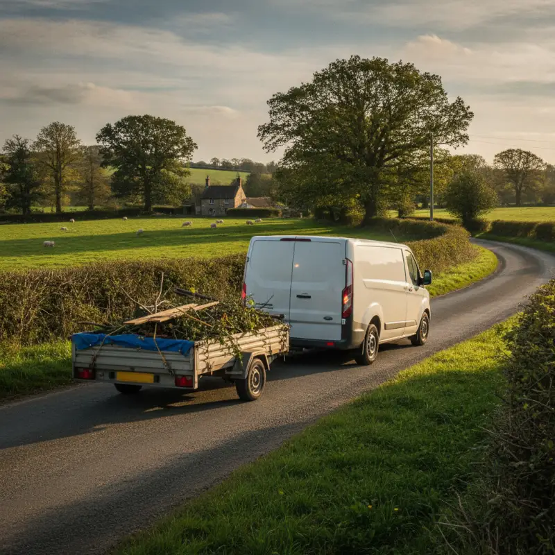 A Ford Transit Custom medium panel van towing a trailer along a rural road