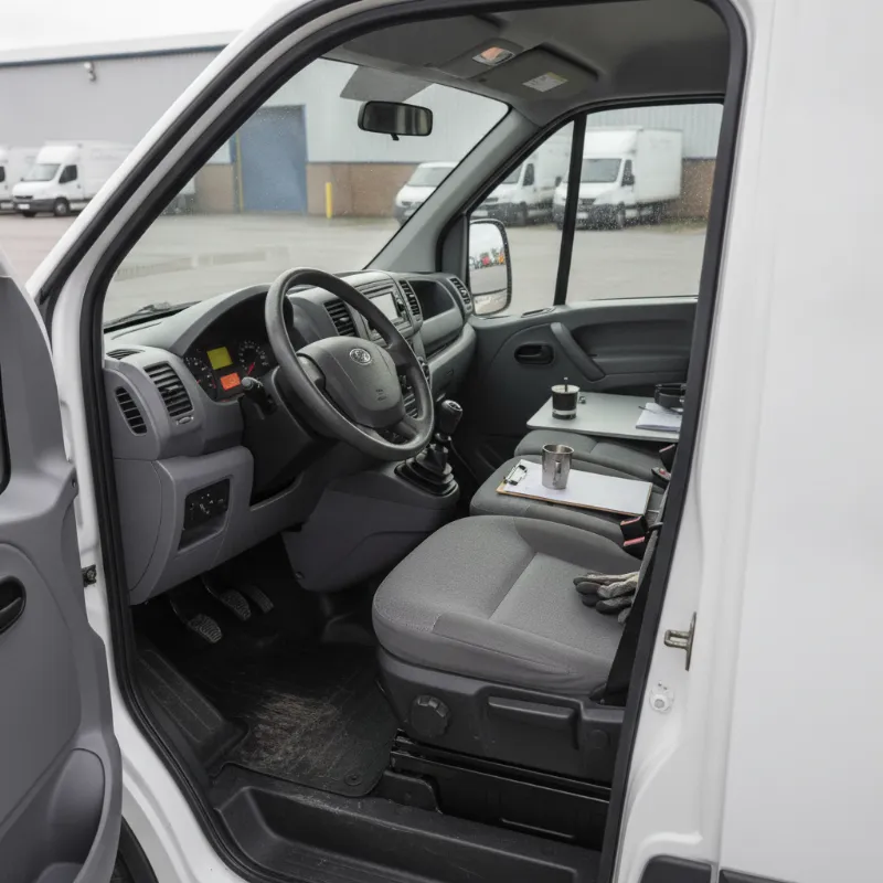 The front cab interior of a small van showing a three-seat bench