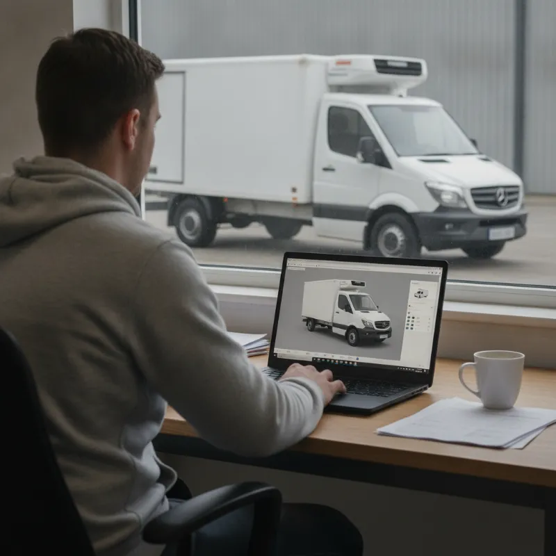 A person using a laptop showing a 3D vehicle configurator screen