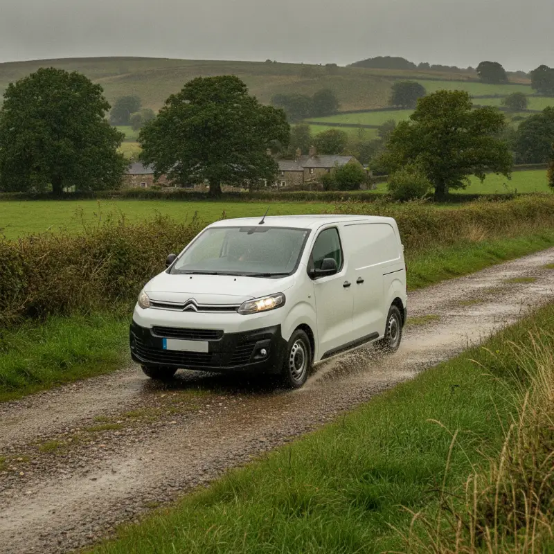 A Citroen Dispatch panel van driving on a wet gravel track
