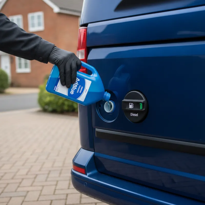 Pouring AdBlue fluid into a van's dedicated filler cap next to the fuel cap