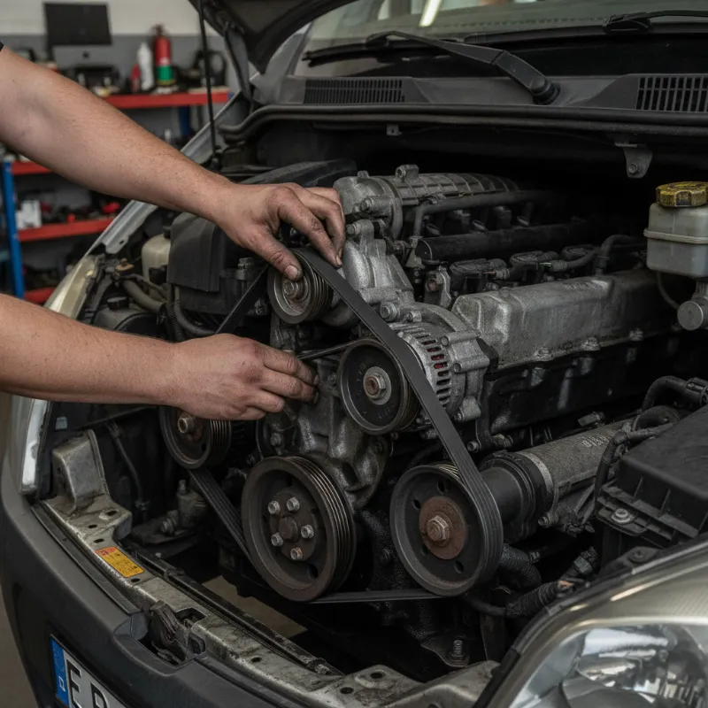 A mechanic routing an auxiliary belt around pulleys at the front of a large diesel engine