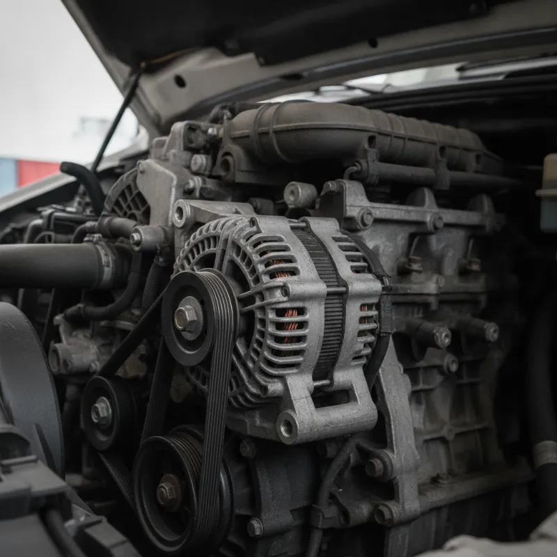 A close-up of an alternator mounted on a diesel engine block