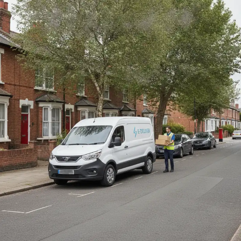 An electric delivery van parked on a suburban street with parcels being carried