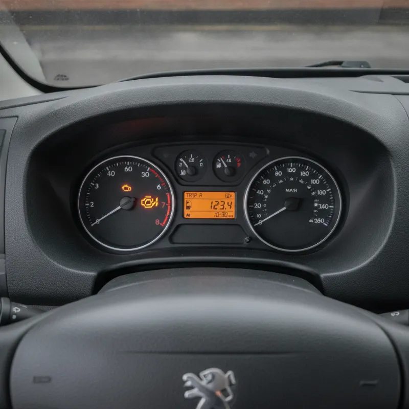 A close-up of a van dashboard warning light illuminated on the instrument cluster