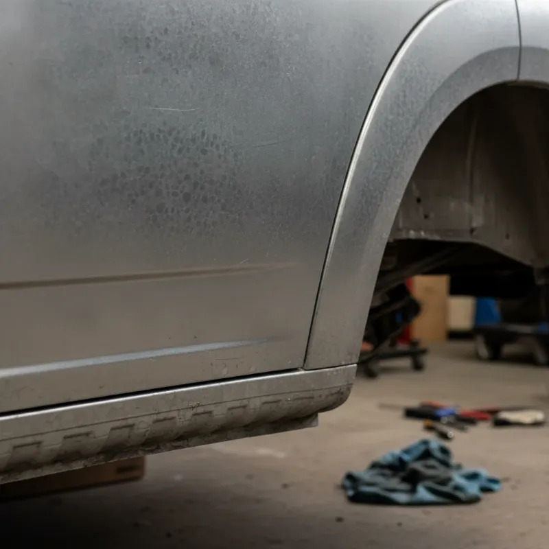 A close-up of a van's galvanised steel body panel and sill