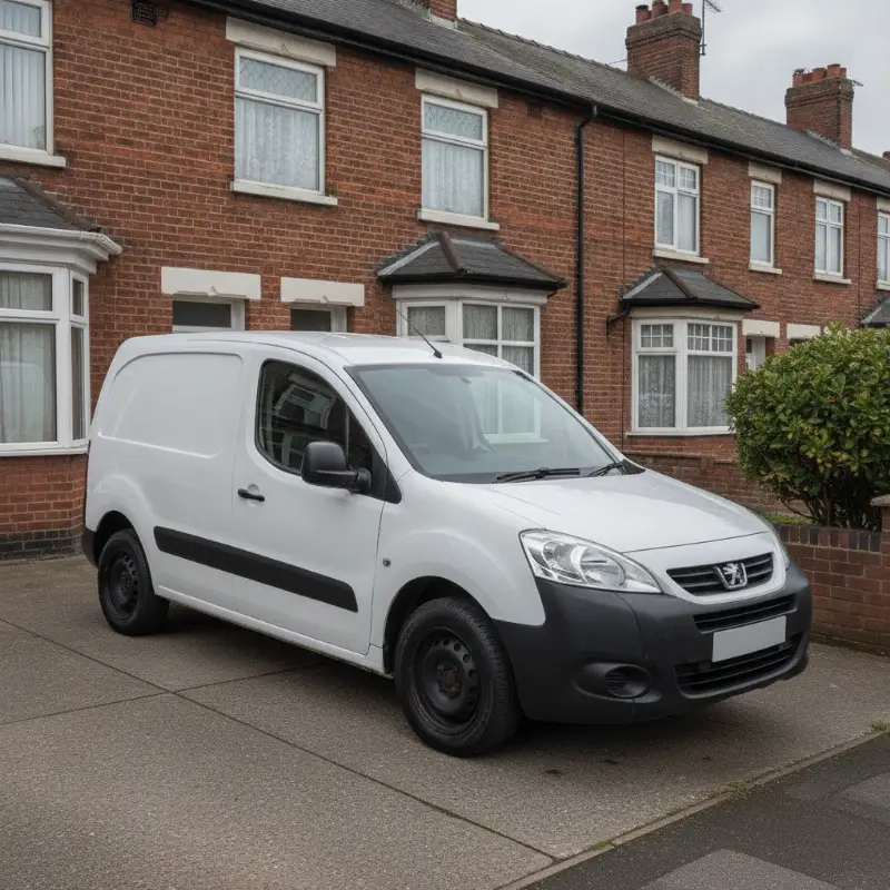 A Peugeot Partner small van parked on a driveway in front of a UK terraced house