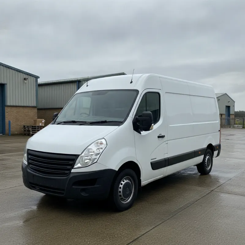 A Vauxhall Movano large panel van parked on a UK industrial estate forecourt