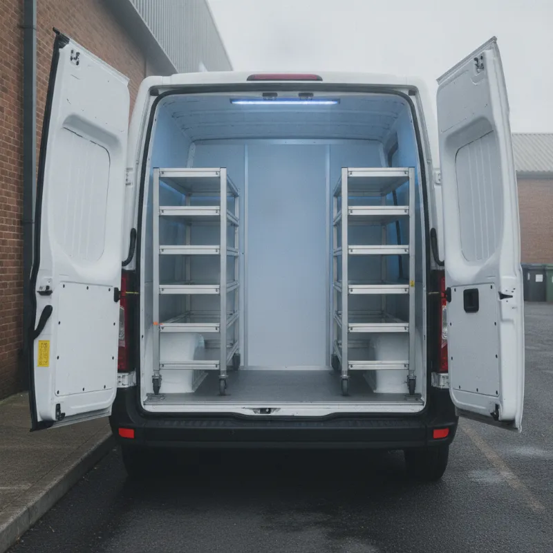 The open rear of a refrigerated van, showing its insulated interior lining