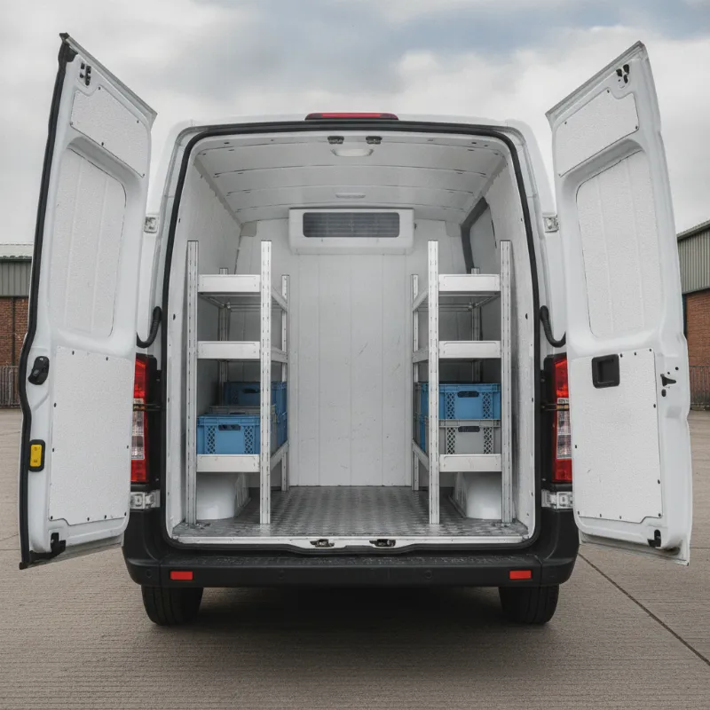 The open rear of a refrigerated van, showing its insulated interior lining