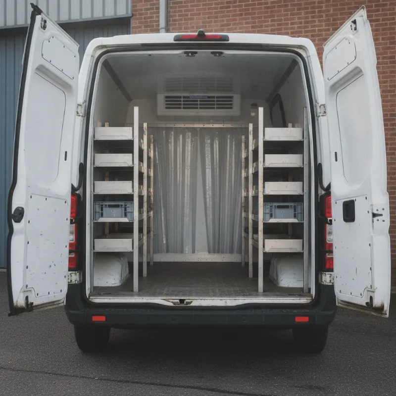 The open rear of a refrigerated van, showing its insulated interior lining