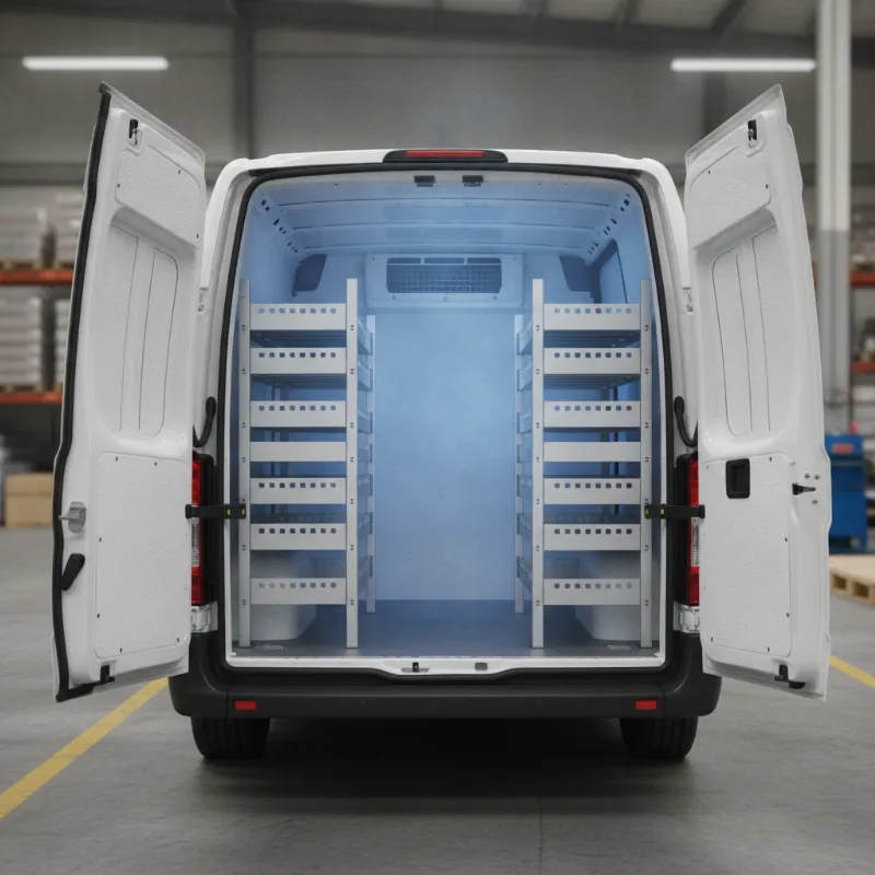 The open rear of a refrigerated van, showing its insulated interior lining