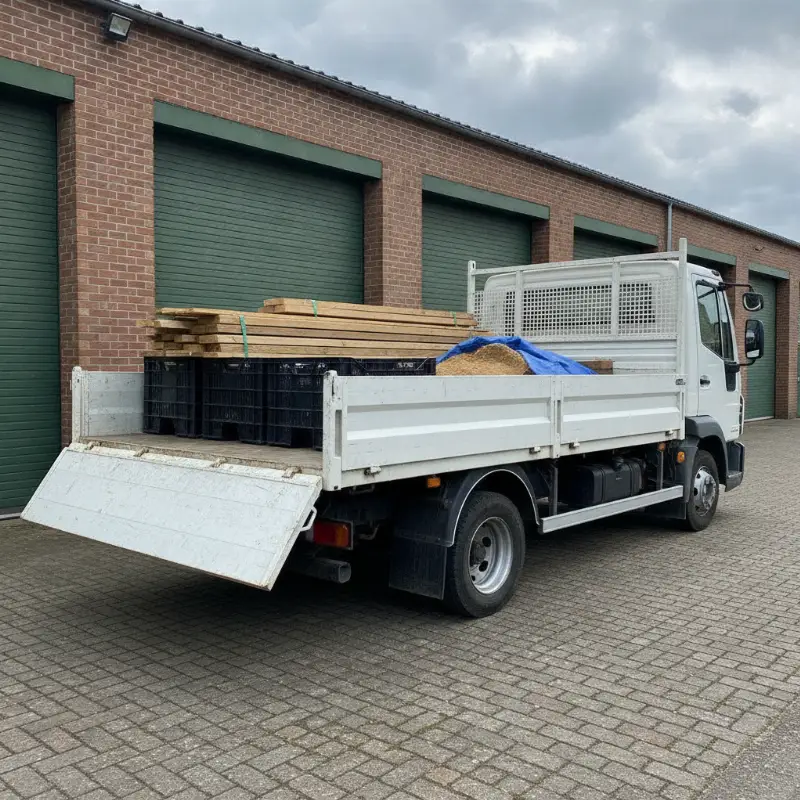 A dropside truck with one side panel folded down, showing the flatbed load area