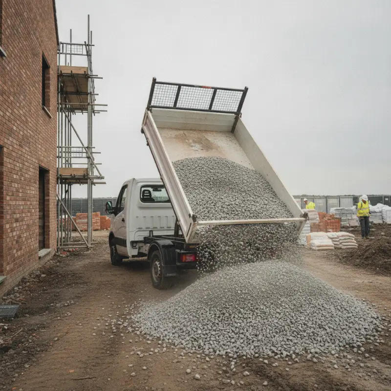 A tipper van with its rear bed raised, tipping loose aggregate at a building site