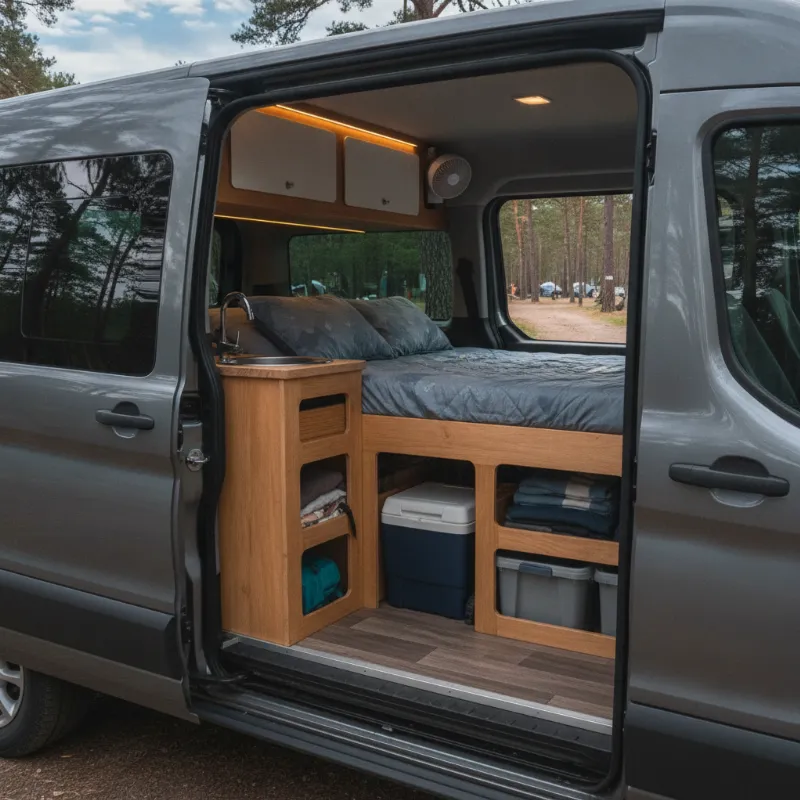 The camper-converted interior of a van, showing a fitted bed platform and storage