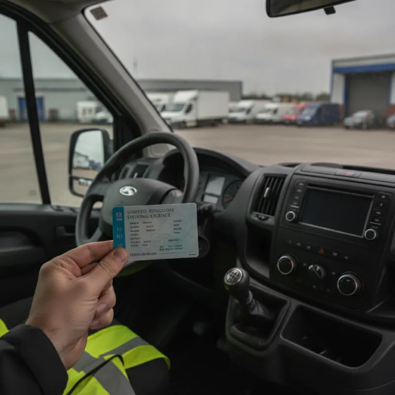 A driver's hand holding a UK driving licence card inside a van cab
