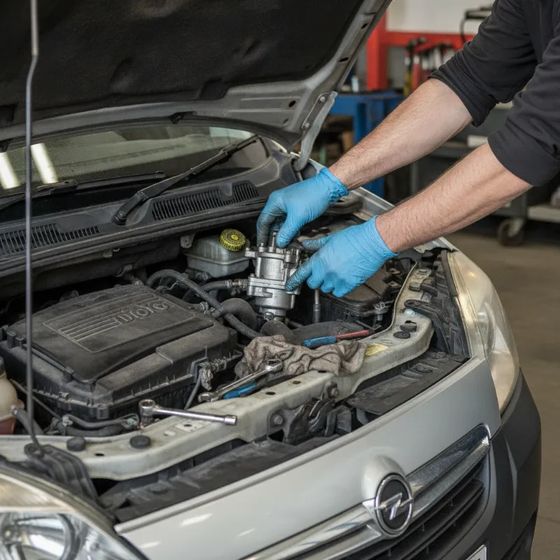 A mechanic working on a clutch servo unit in a small van's engine bay