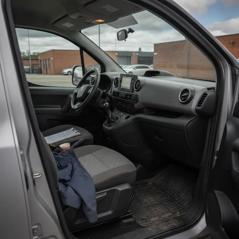 The front cab interior of a small panel van, showing the driver and passenger seats