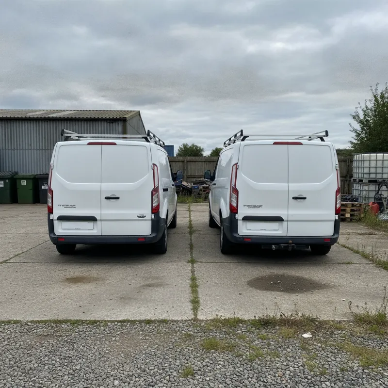 Two similarly shaped medium panel vans parked side by side for comparison