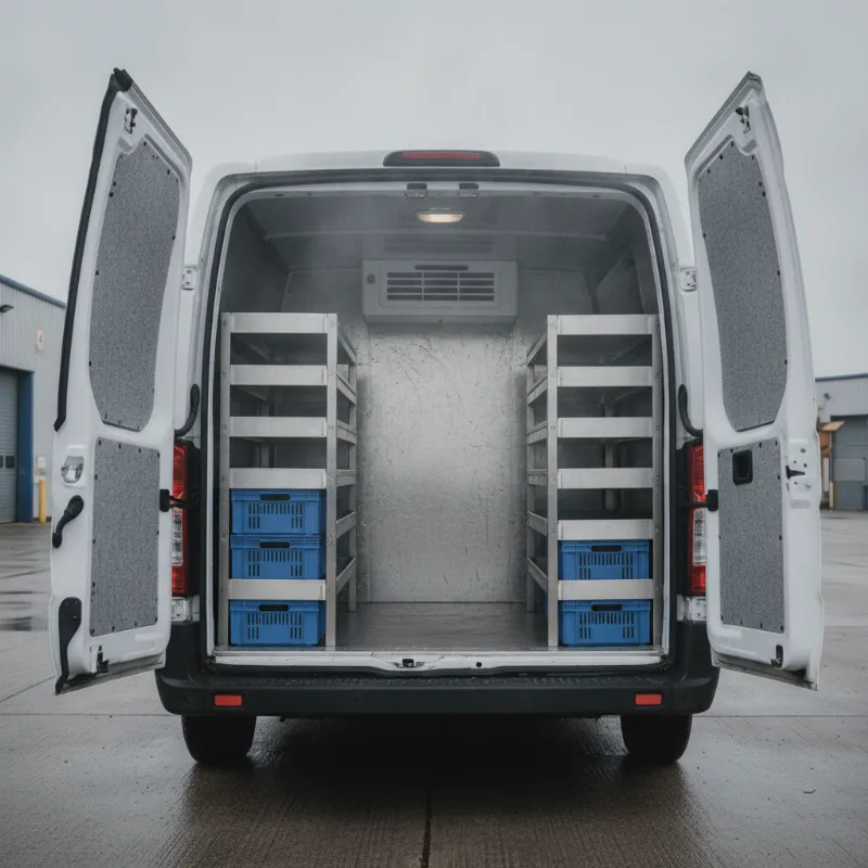 The open rear of a refrigerated van, showing its insulated interior lining