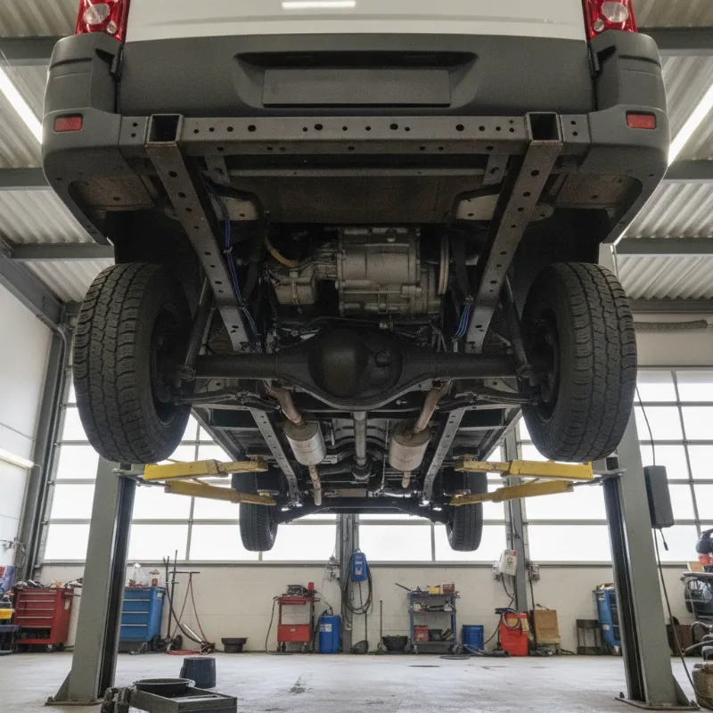 The ladder-frame chassis of an Iveco Daily van visible on a service ramp