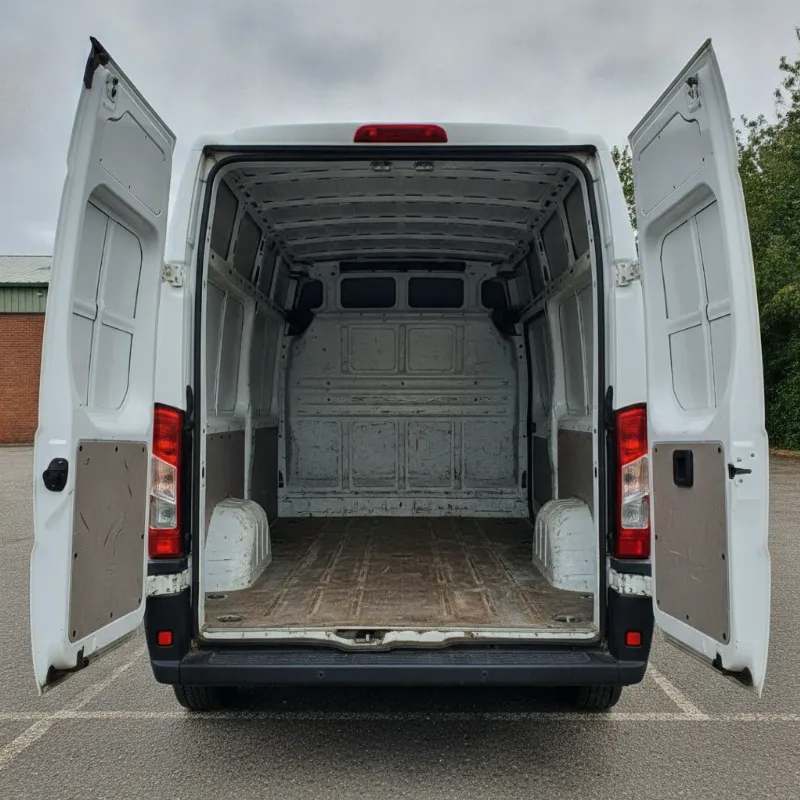 The open rear load area of a large Fiat Ducato panel van, showing its depth and width
