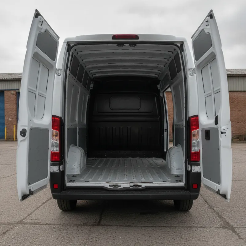The open rear load area of a Peugeot Boxer panel van, showing its depth and width