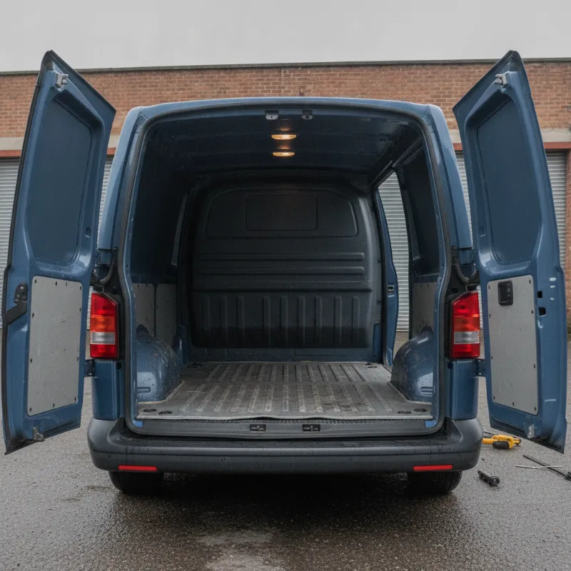 The open rear load area of a Volkswagen Transporter panel van