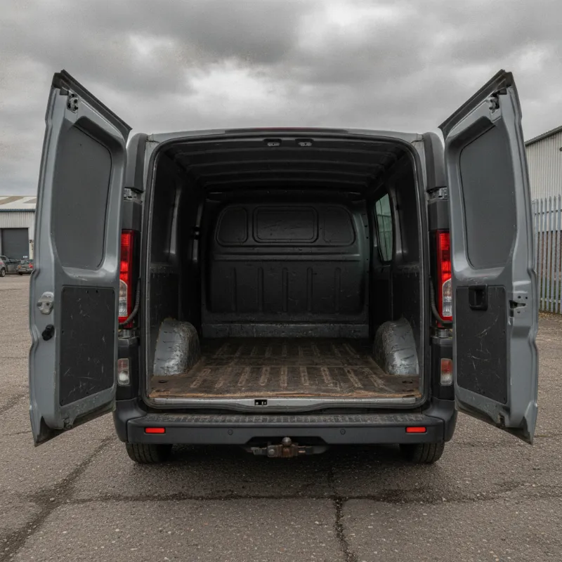 The open rear load area of a Nissan Primastar panel van