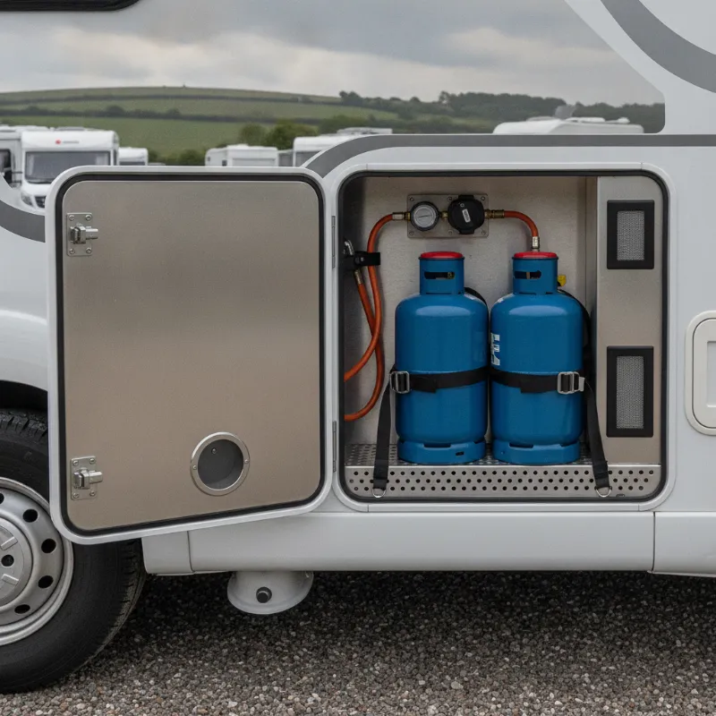A gas locker on a campervan, built to safely contain and vent LPG gas cylinders