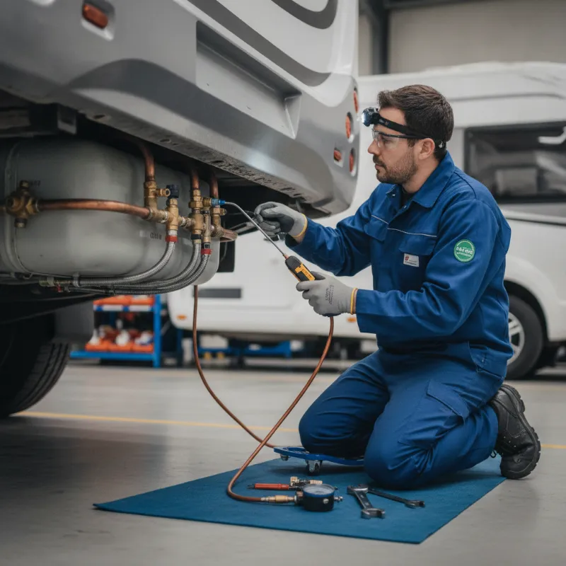 A Gas Safe registered engineer inspecting a campervan’s gas installation