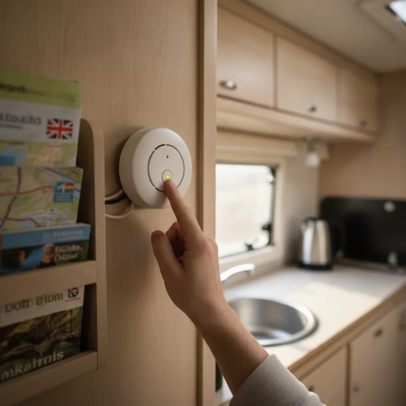 Testing a carbon monoxide alarm inside a campervan during a gas safety check