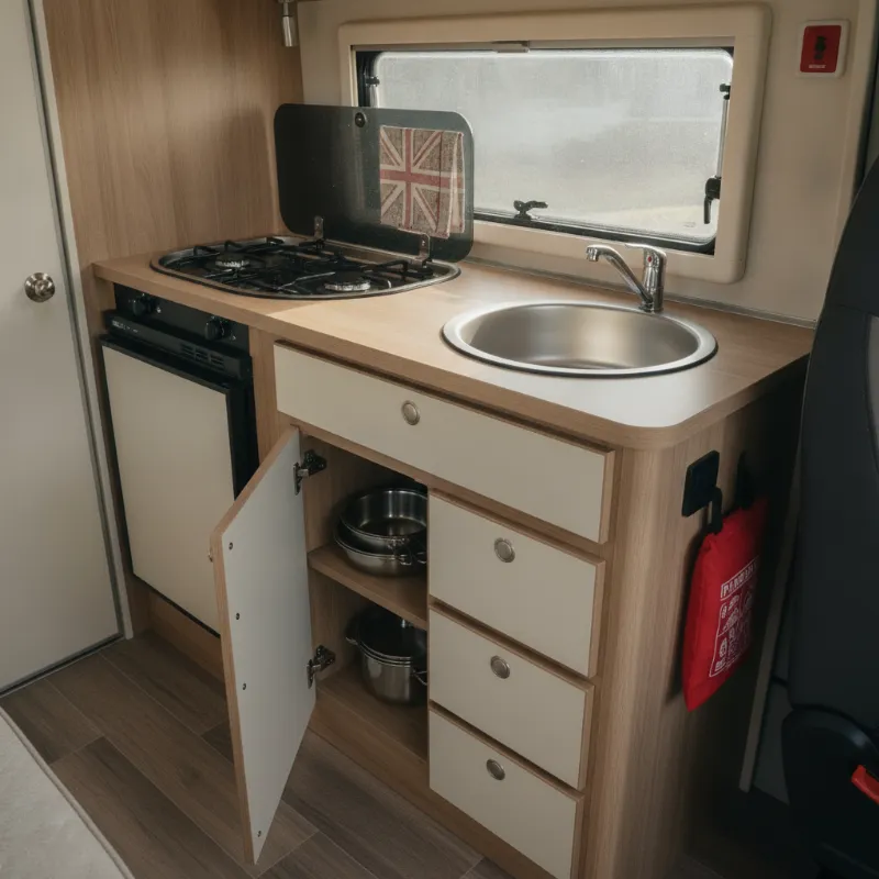 The kitchen area of a campervan, including the gas hob and appliances