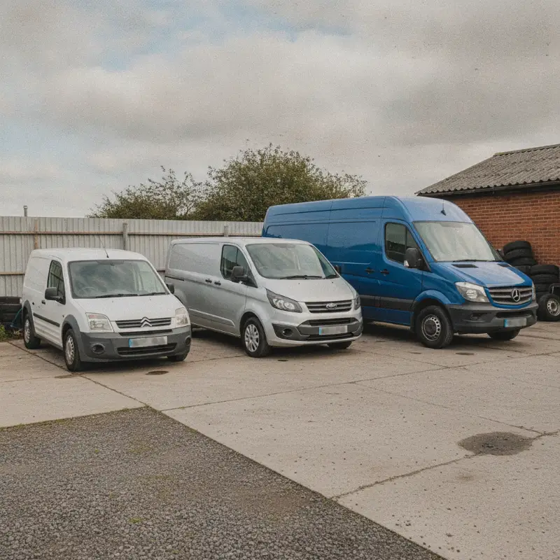 Three different sized panel vans parked side by side for a size comparison
