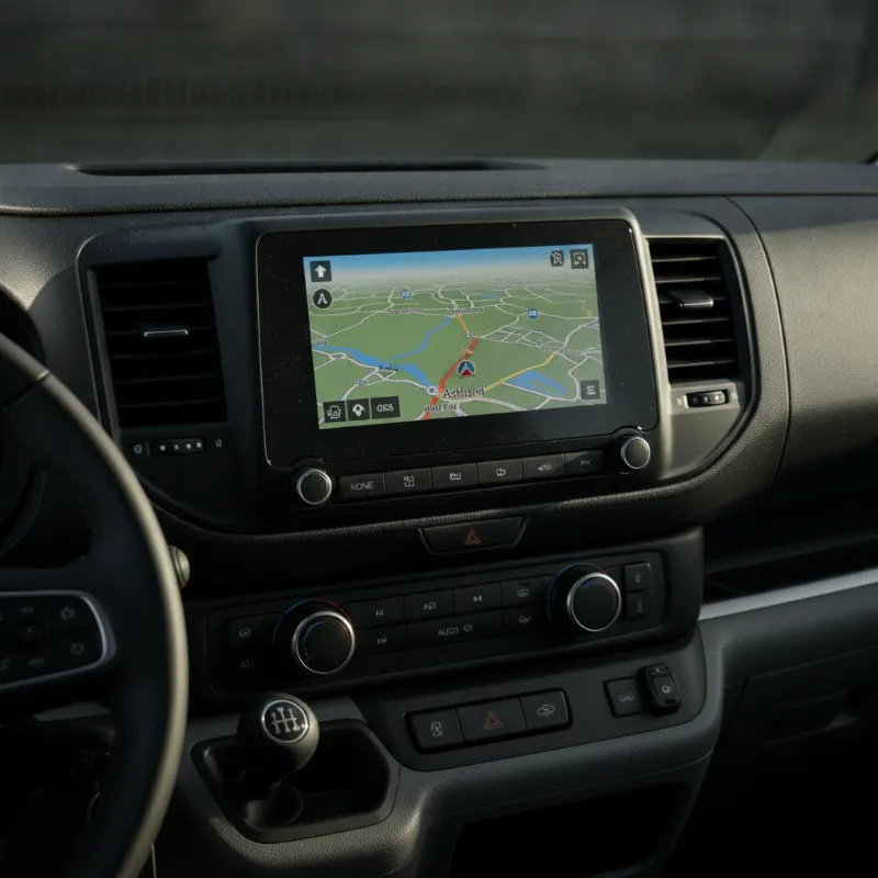 A close-up of a van dashboard's touchscreen showing a navigation map