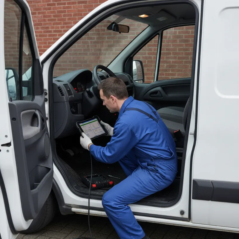A mechanic using a diagnostic scanner plugged into a van's OBD port