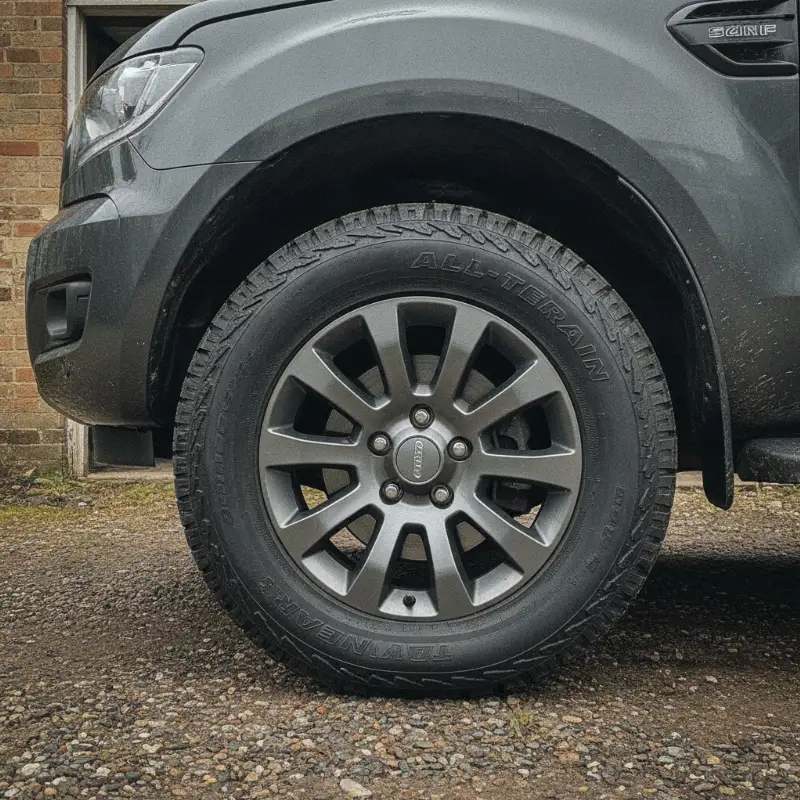 A close-up of a Ford Ranger pickup truck's alloy wheel