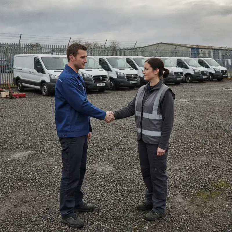 Two business colleagues shaking hands in front of a row of parked panel vans