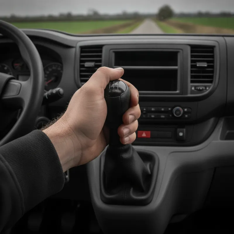 A close-up of a hand gripping a gear stick knob inside a van cab