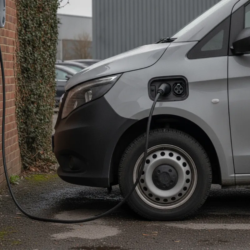 An electric panel van's charging port with a charging cable connected