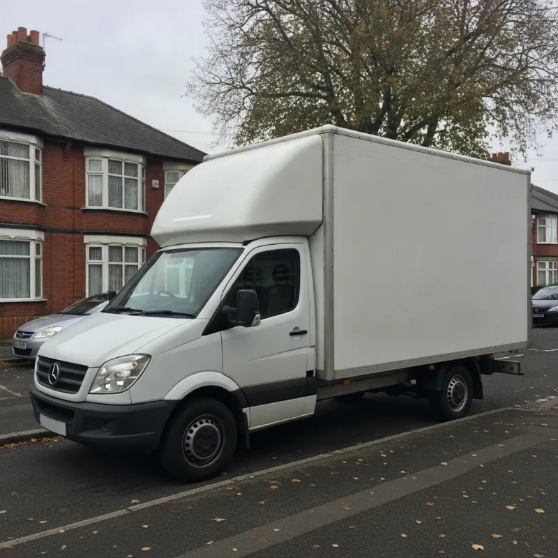 The side profile of a Luton box van, showing its full length