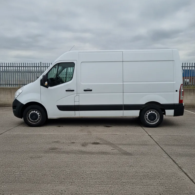 The side profile of a Vauxhall Movano large panel van, showing its full length
