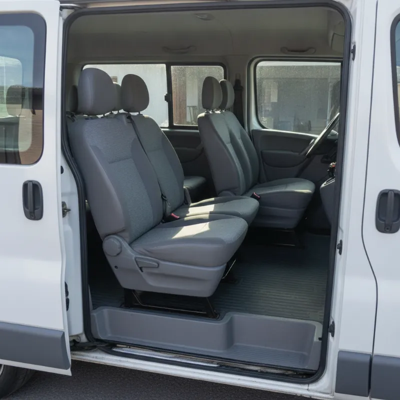 The passenger interior of a Nissan Primastar van, showing multiple rows of seats