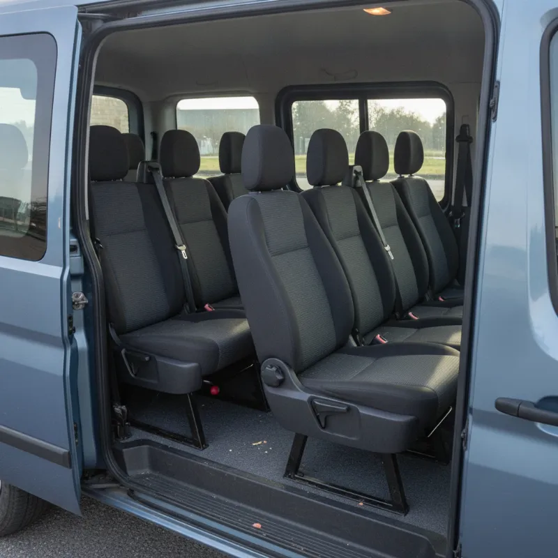 The passenger interior of a Ford Tourneo van, showing multiple rows of seats