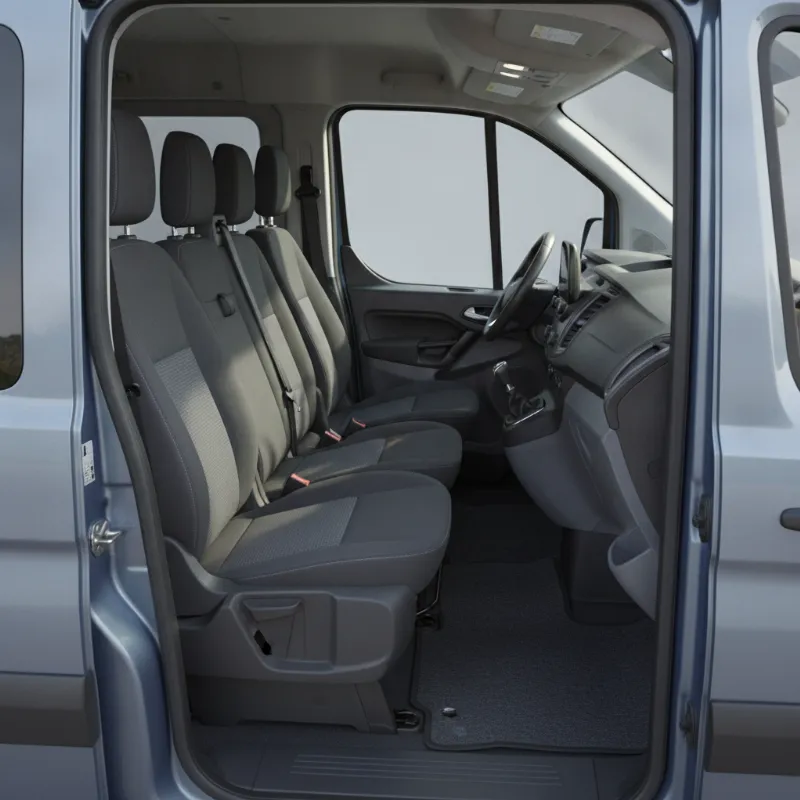 The interior of a passenger van showing a rear bench seat behind two front seats