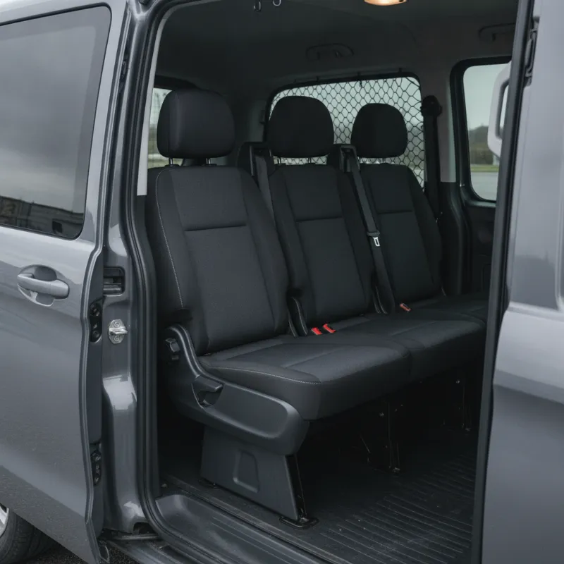The crew-cab interior of a Mercedes Vito, showing two rows of seats