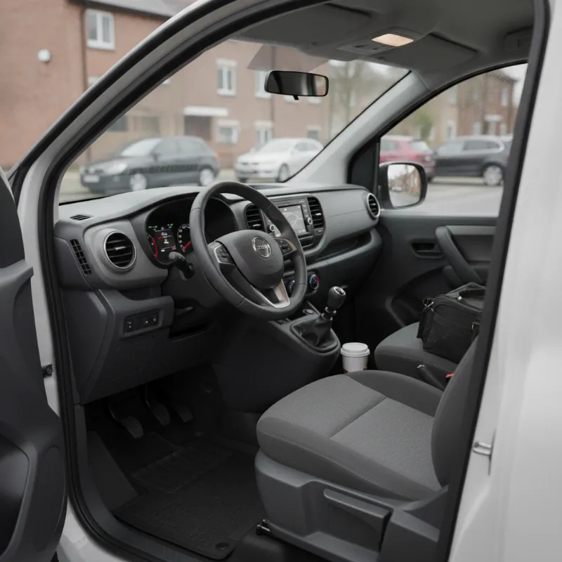 The front cab interior of a small panel van, showing the driver and passenger seats