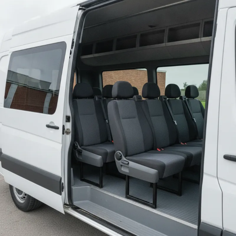 The passenger interior of a Mercedes Sprinter van, showing multiple rows of seats