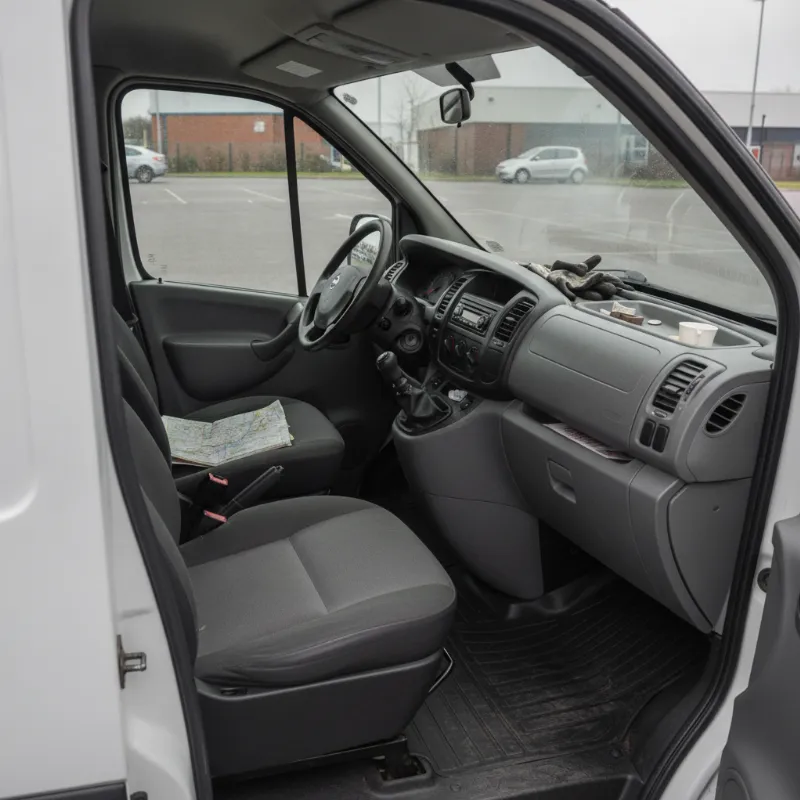 The front cab interior of a panel van, showing the driver and passenger seats